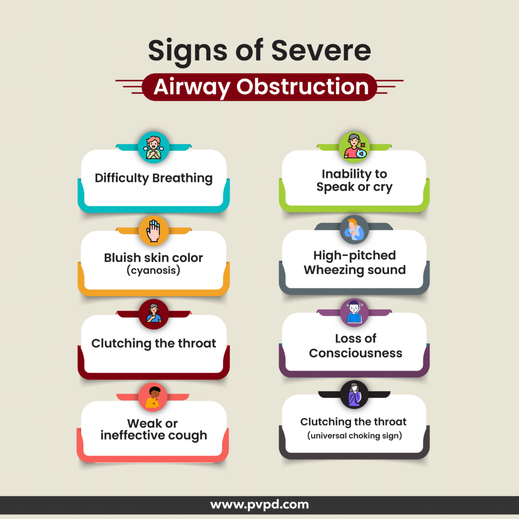 Signs of severe airway obstruction including difficulty breathing, gasping for air, bluish skin, and inability to speak or cough.