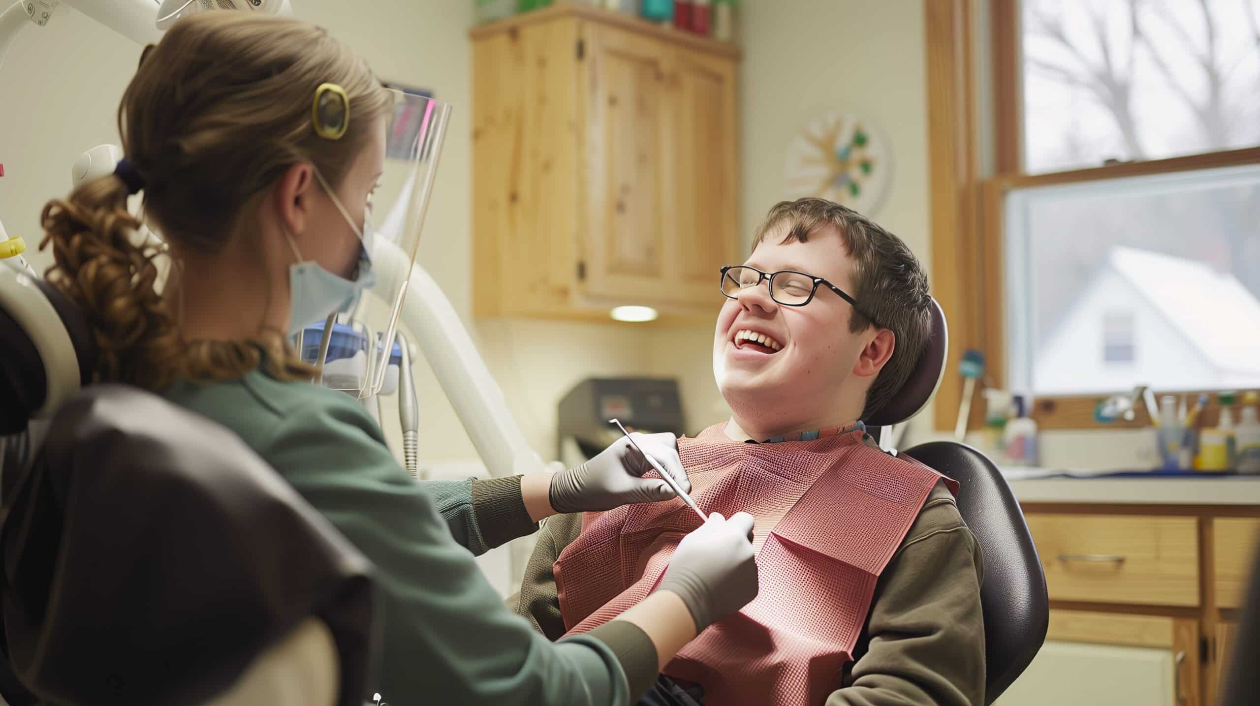 PVPD Special Needs Dentistry in Arizona with a dental hygienist helping a man with Down syndrome in a friendly and comfortable room