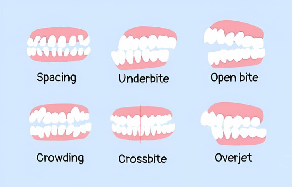 Spacing, underbite, open bite, crowding, crossbite, overjet list of orthodontic dental problem stock illustration