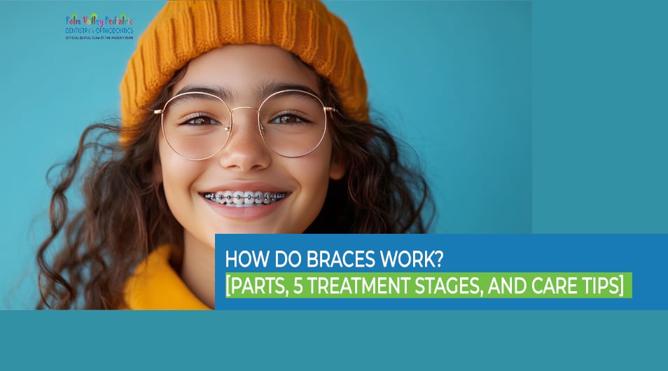 Girl with braces smiling, demonstrating how braces work for alignment