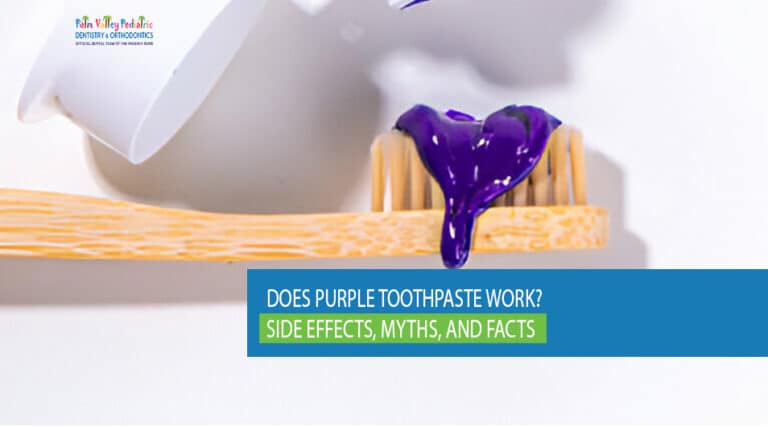 Purple toothpaste on a toothbrush with text highlighting side effects, myths, and facts